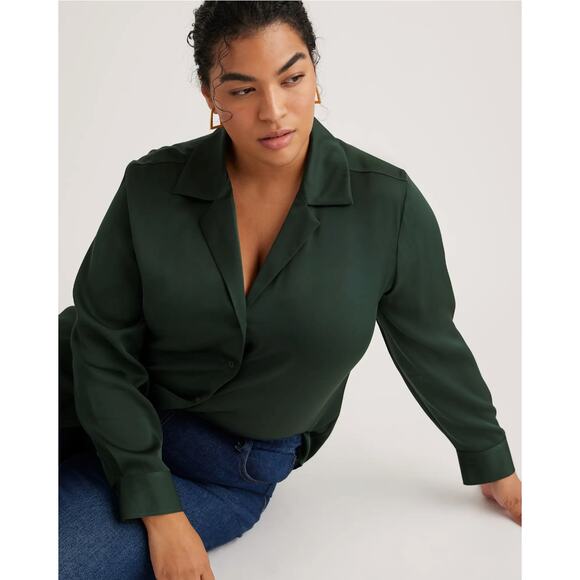 Forest Green Quince Stretch Silk Blouse Sz 3X Long Sleeve Old Money Holiday - Picture 1 of 6